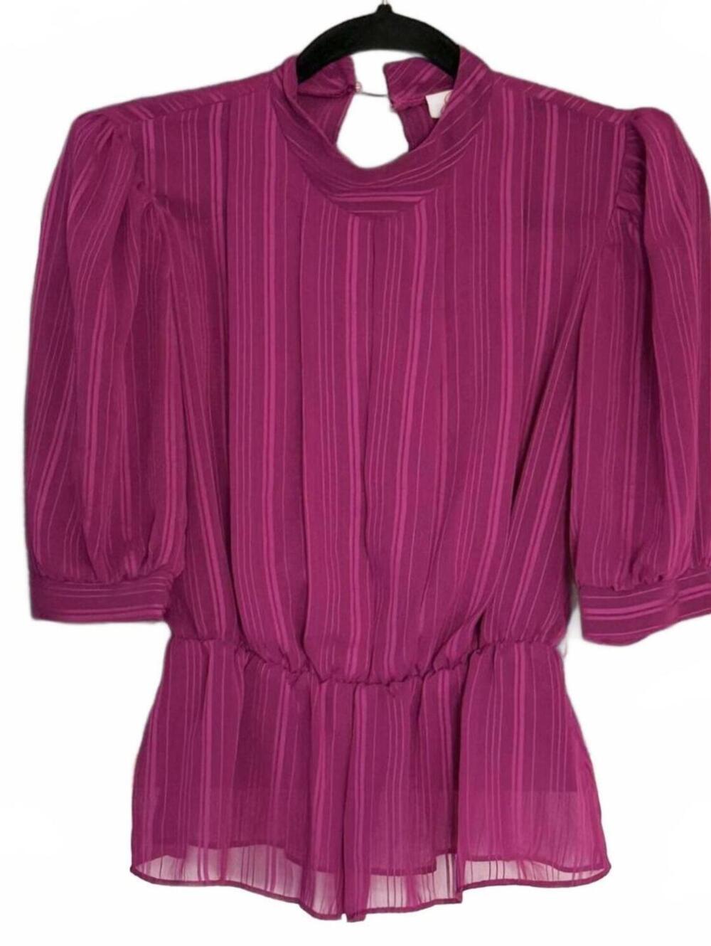 Magenta Sheer Striped Peplum Blouse Womens Size S Vintage Jerri Lee Top
